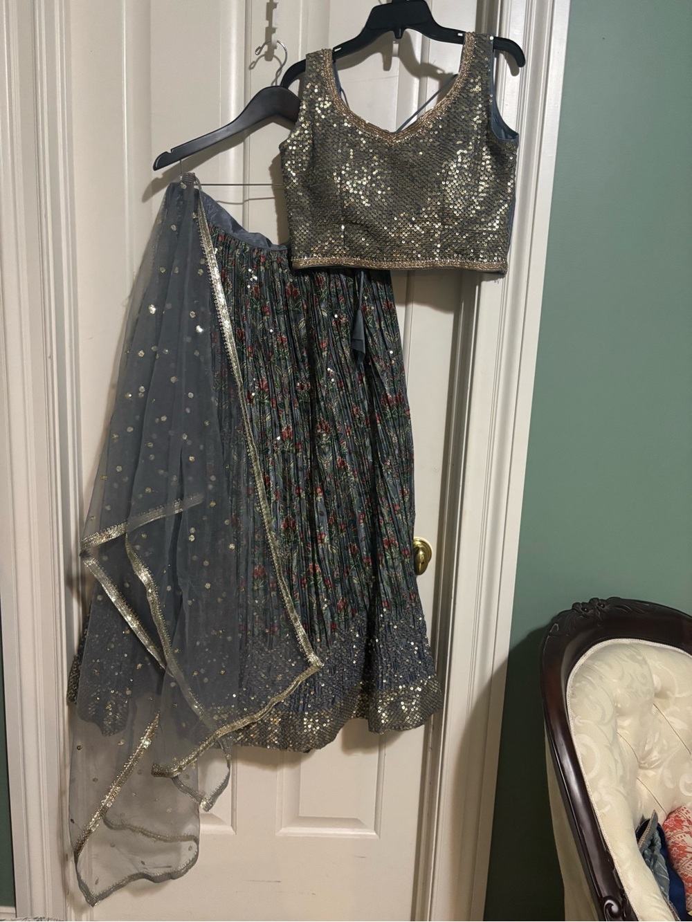 Silver color Gray Floral Sequined Lehenga Skirt, Choli & Dupetta . - Picture 3 of 14